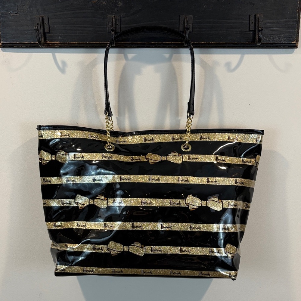 Harrods Black Patent Leather Gold Glitter Bow Large Tote